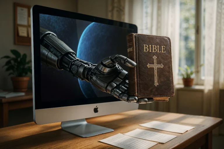 A robotic hand reaching out of a computer screen towards a leather-bound Bible on a wooden desk