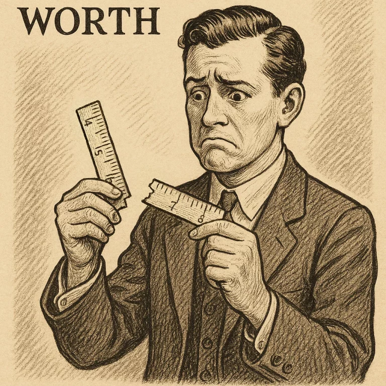 Engraving-style illustration of a worried man in a suit holding the two halves of a broken ruler, under the word “Worth”